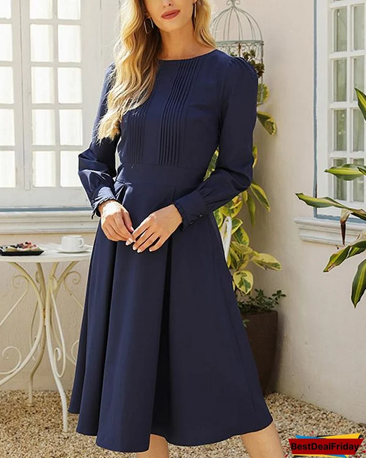 Women Vintage Solid Color Pleated Midi Dress Elegant Gowns