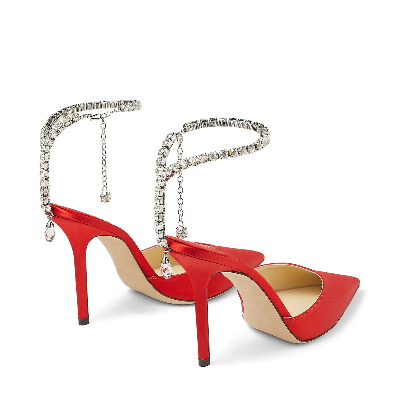 100mm Women's Sandals Crystal Chain Ankle Straps Rhinestones Buckle Heels Stiletto Satin Dress Shoes-vocosishoes