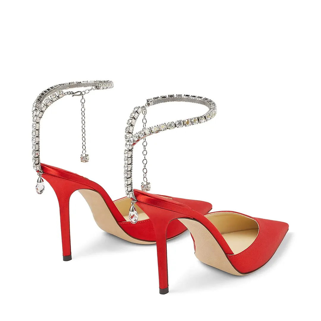 100mm Women's Sandals Crystal Chain Ankle Straps Rhinestones Buckle Heels Stiletto Satin Dress Shoes-vocosishoes