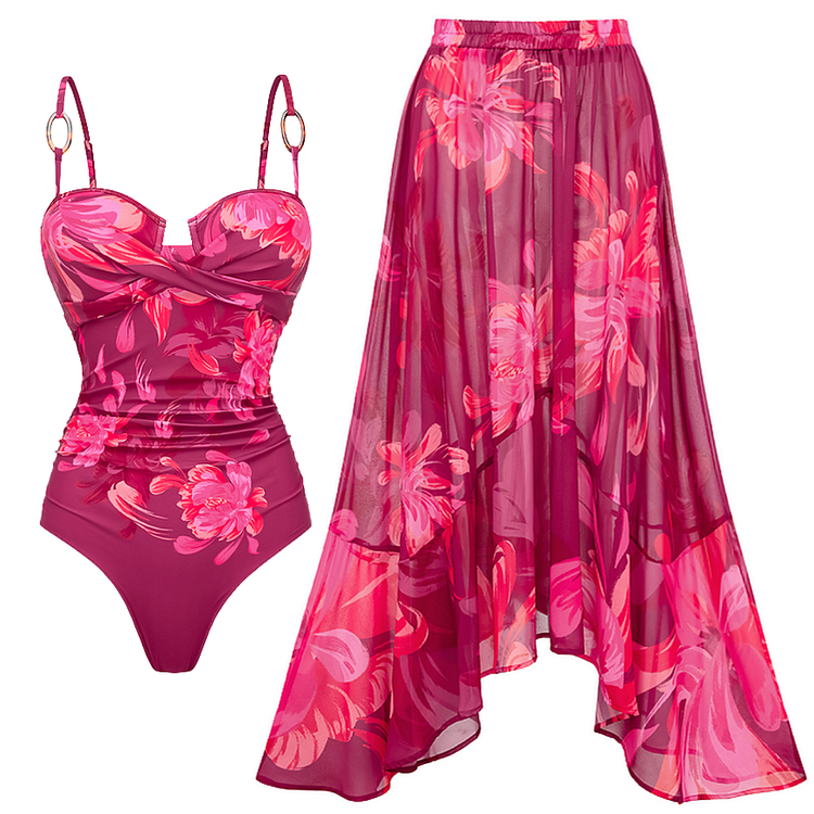 Sling Abstract Floral Print One Piece Swimsuit and Skirt