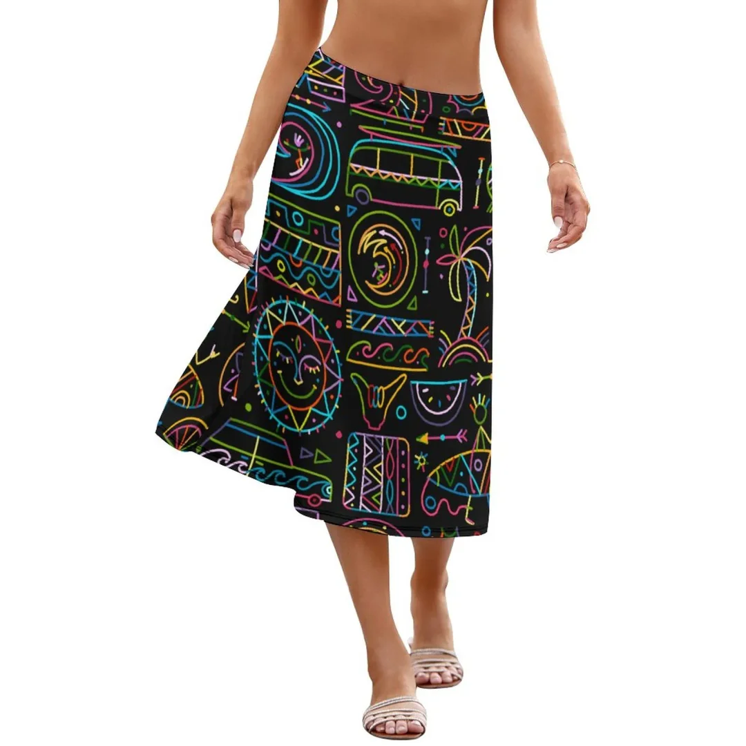 Polynesian Tribal Line Surfing Sea Turtle Skirt Women's Boho Elastic Swing Beach Maxi Skirt