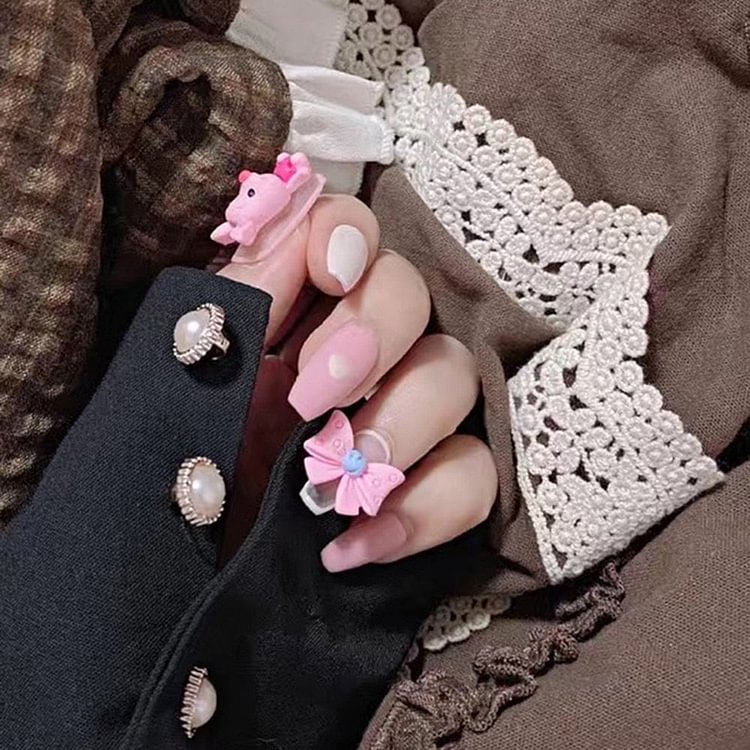 Pink False Nails With Glue Mouse Decal Detachable Medium Coffin French Ballerina Fake Nails Big Bow Full Cover Nail Tips