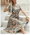 Floral Round Neck Short Sleeve Pleated Butterfly Sleeve Midi A Line Vacation Dress