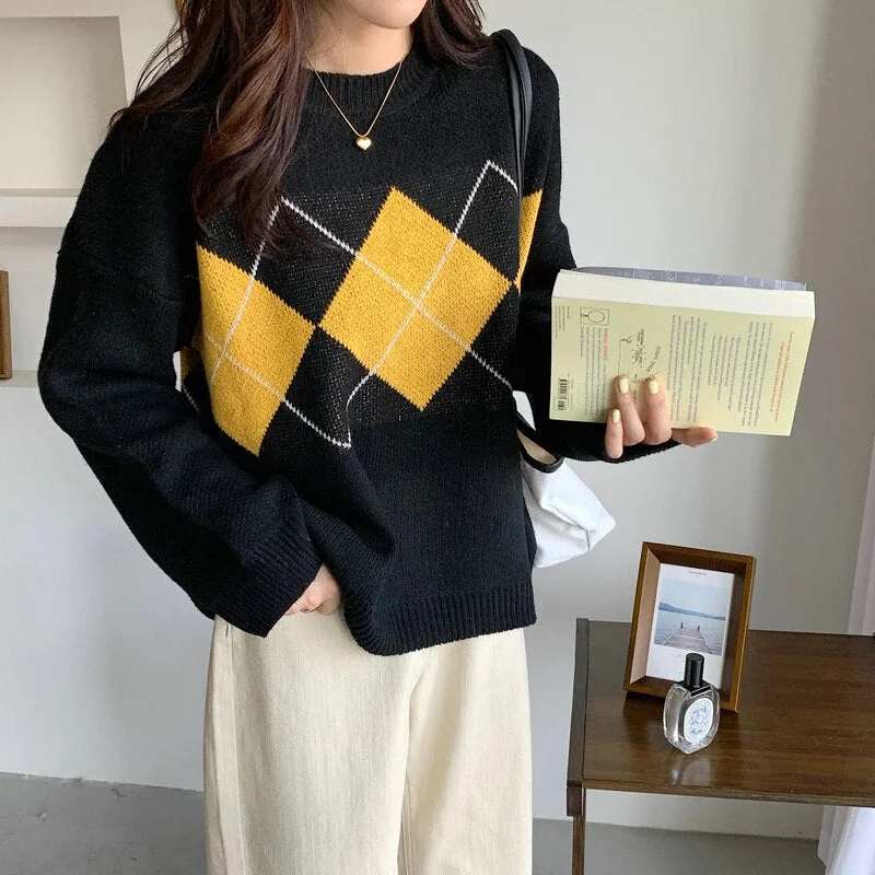 Syiwidii Argyle Brown Woman Sweaters Fall Clothes 2021 Korean Fashion Tops Yellow Sweater Harajuku Spliced O-Neck Knit Pullover