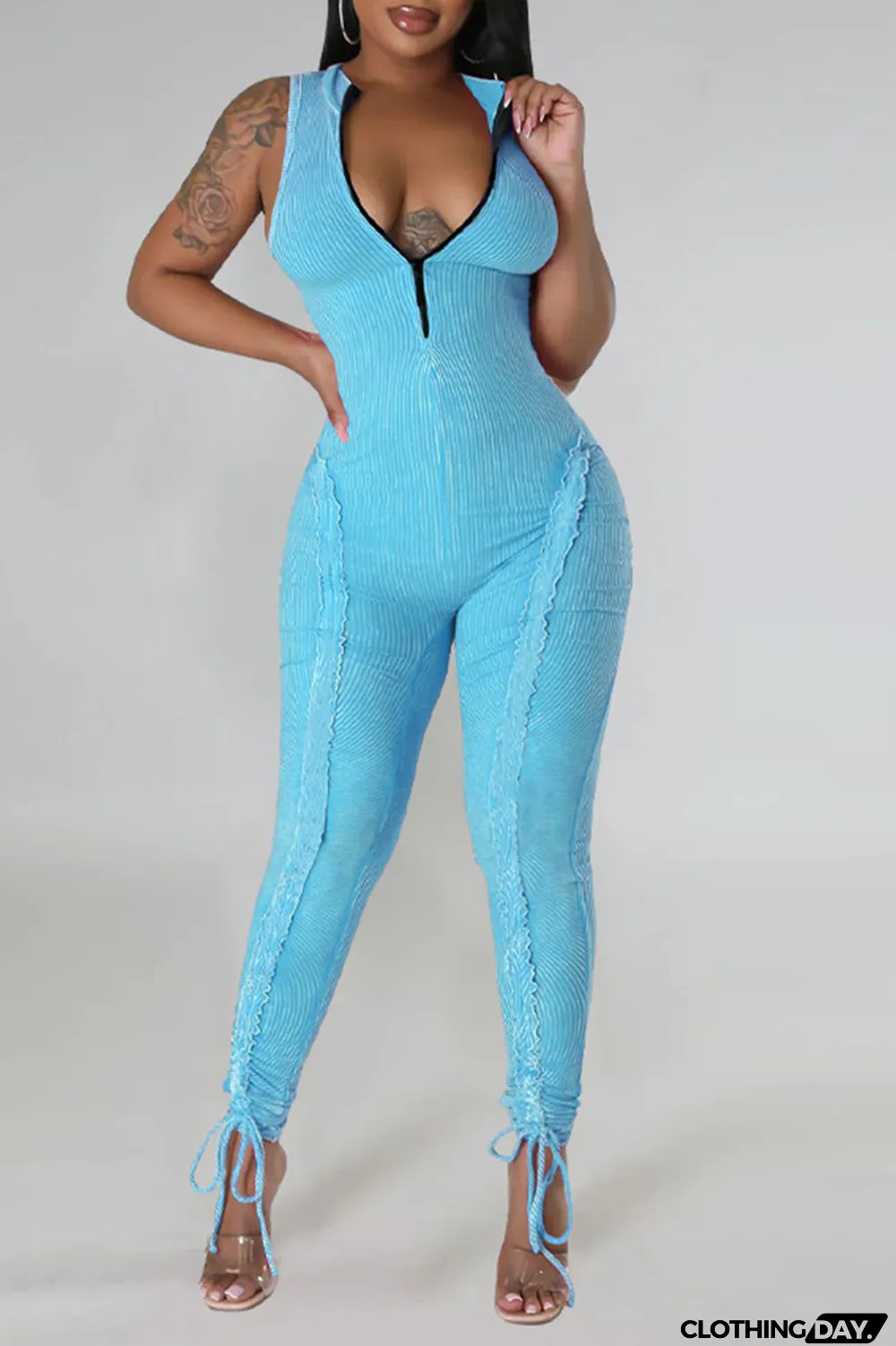 Light Blue Casual Solid Patchwork Stringy Selvedge Zipper Collar Skinny Jumpsuits