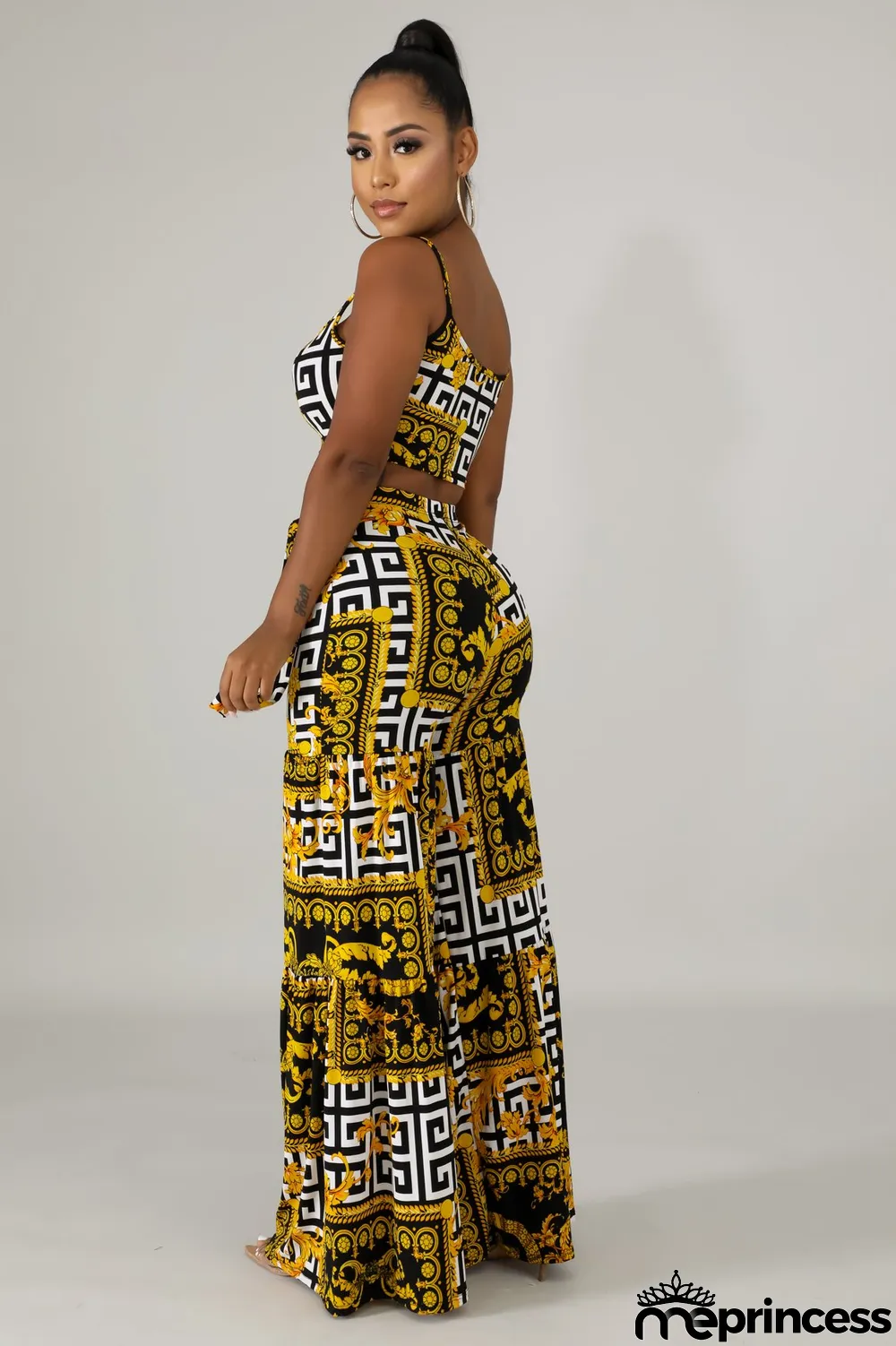 Print Retro Straps Crop Top and High Waist Trousers