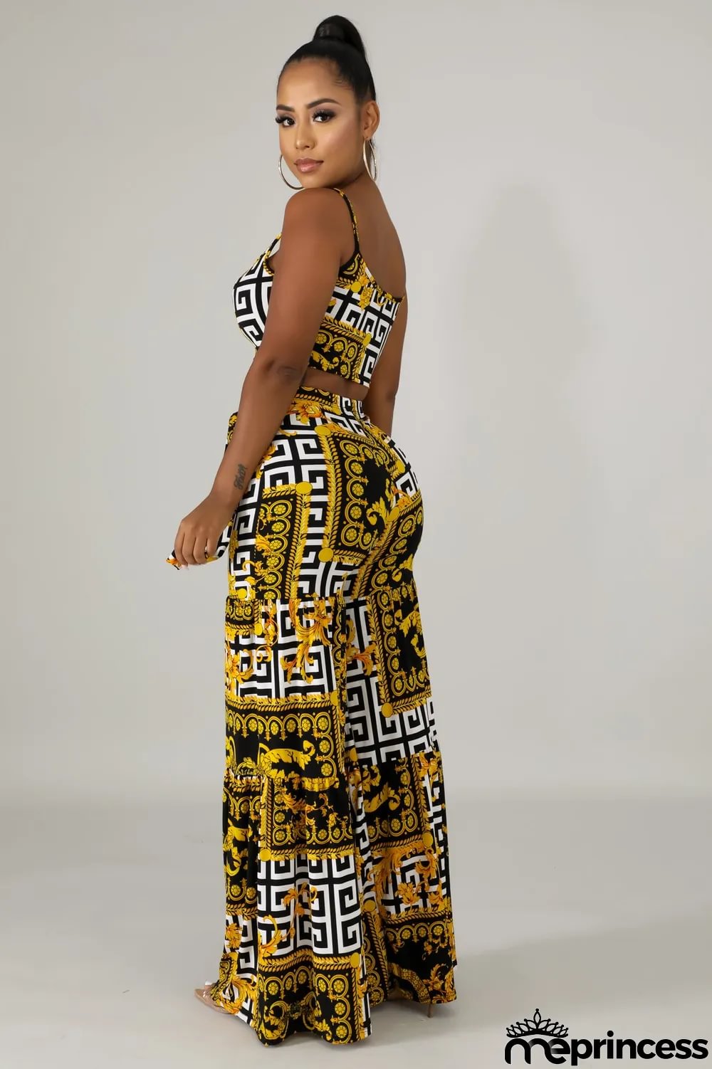 Print Retro Straps Crop Top and High Waist Trousers