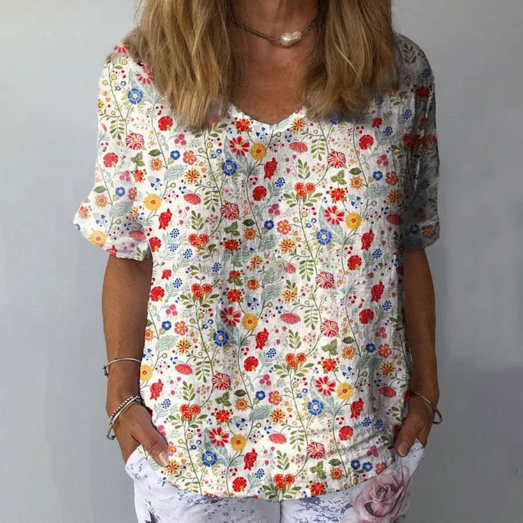 Women'S Pastoral Floral Art Print Cotton Linen Casual V-Neck T-Shirt