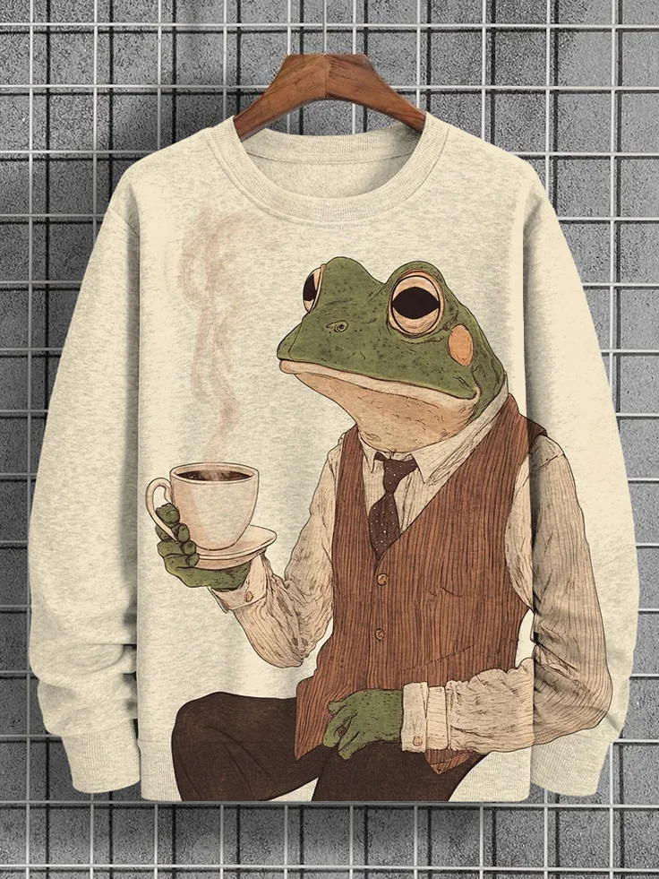 Men's Gentleman Frog Drinks Coffee Print Casual Sweatshirt
