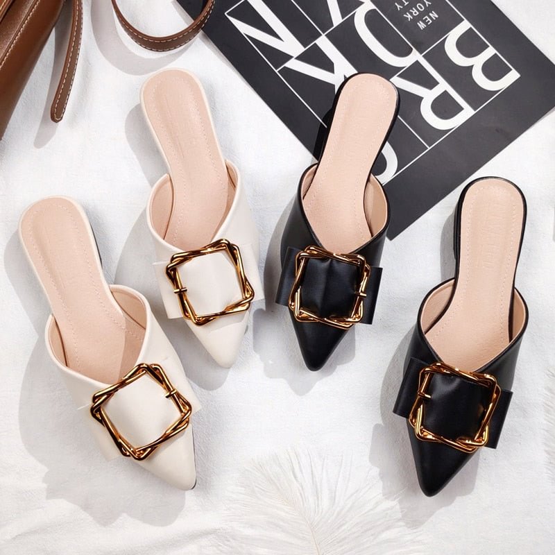 New faux leather women's pointed metal flats for spring and summer 2021 fashion trend designer slippers