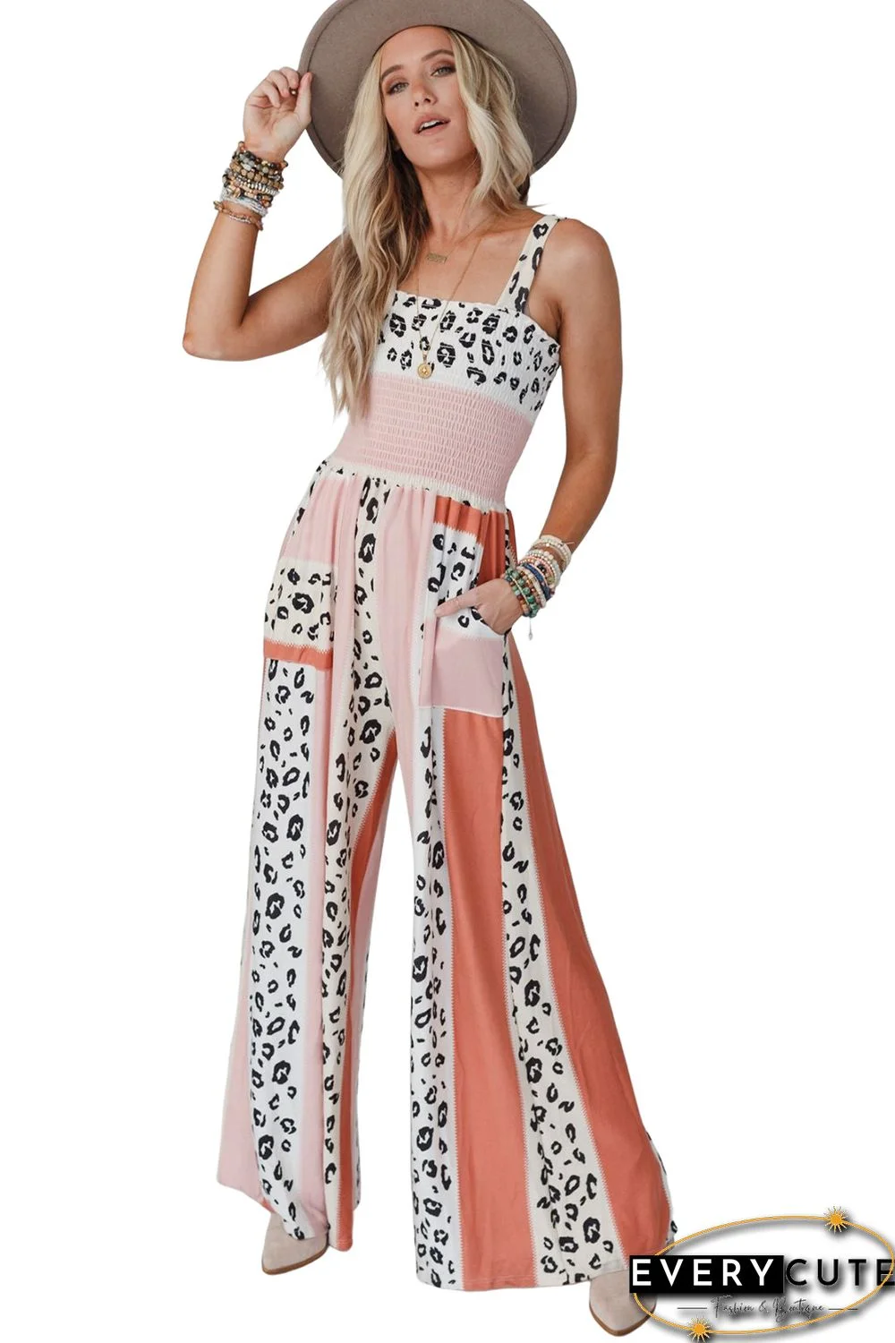 Pink Leopard Color Block Mix Print Pocketed Jumpsuit