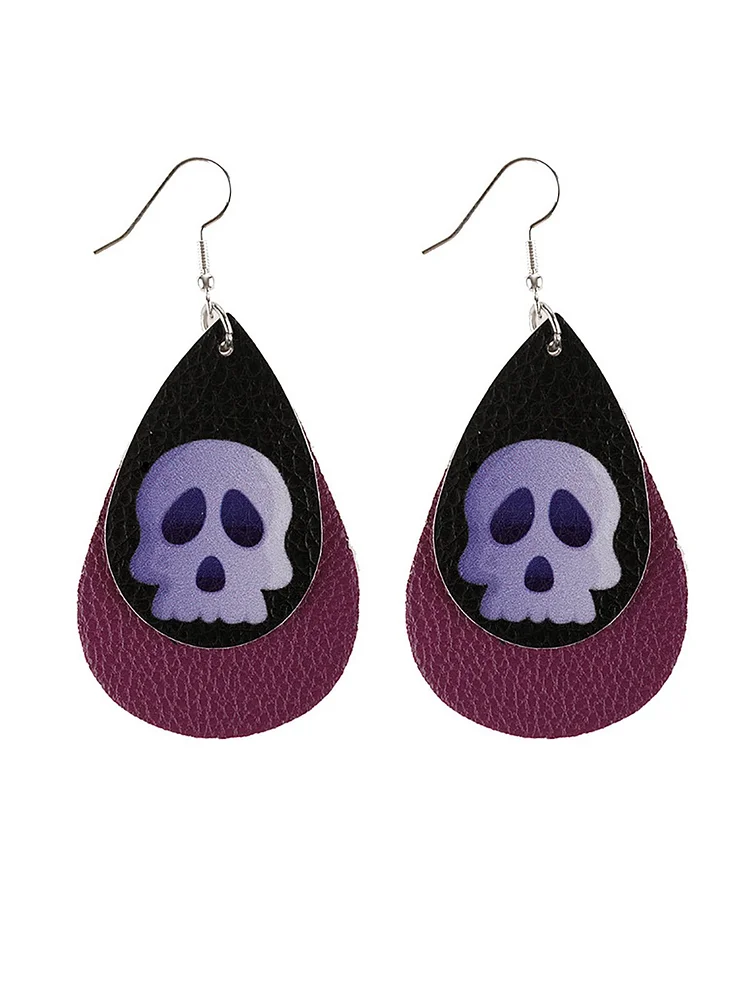 Halloween Double Pu Leather Earrings Skull Sequins Drop Shaped Earrings
