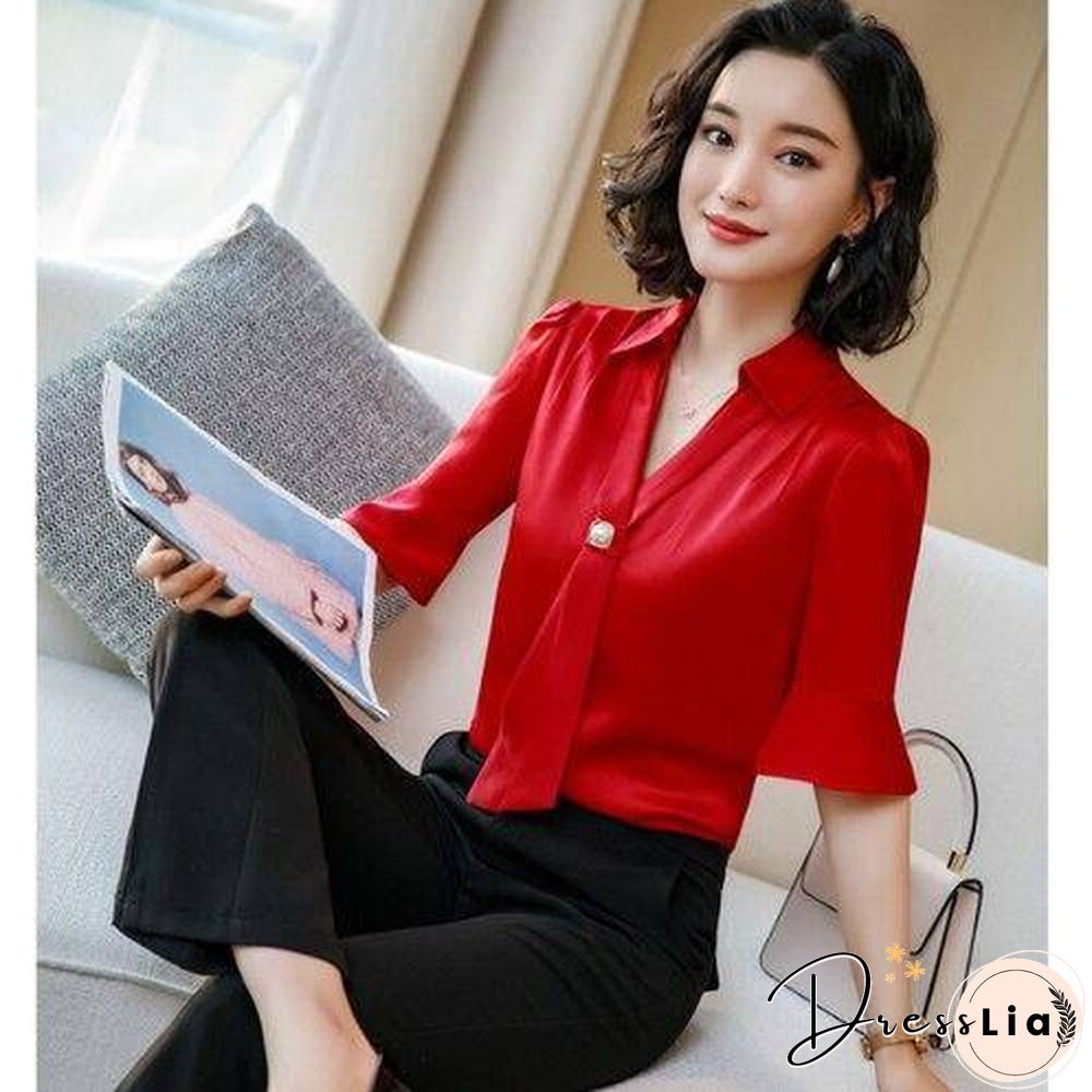 Korean Silk Women Blouses Woman Satin Blouse Tops Plus Size Blusas Mujer De Moda Women V Neck Soild Shirt Top Camisas Mujer