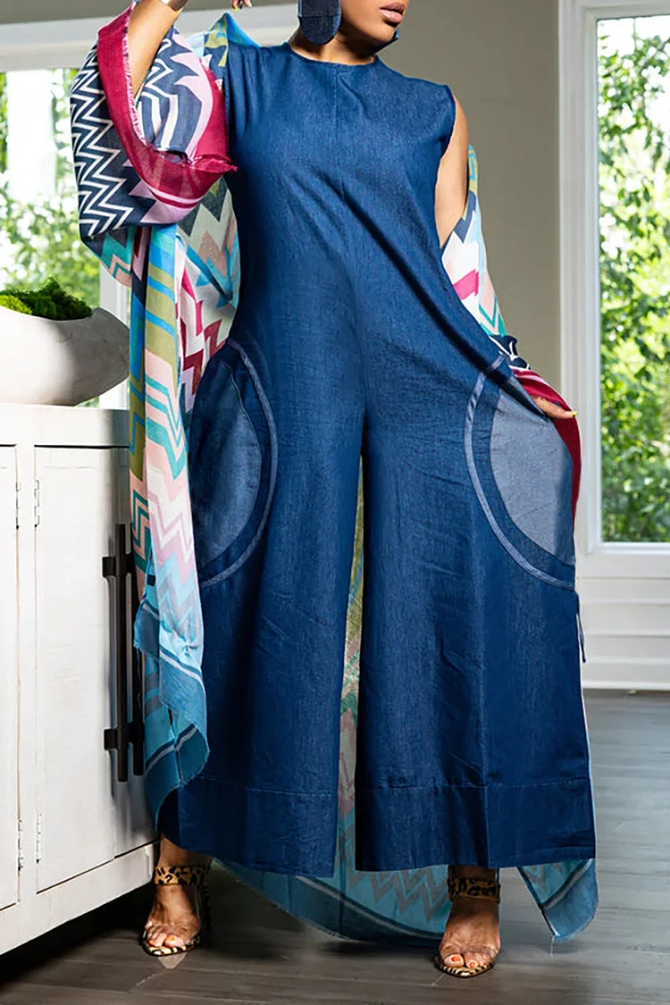 Plus Size Casual Jumpsuit Blue Pattern Print Denim-Like Wide Leg Jumpsuit (without Outwear) [Pre-Order]