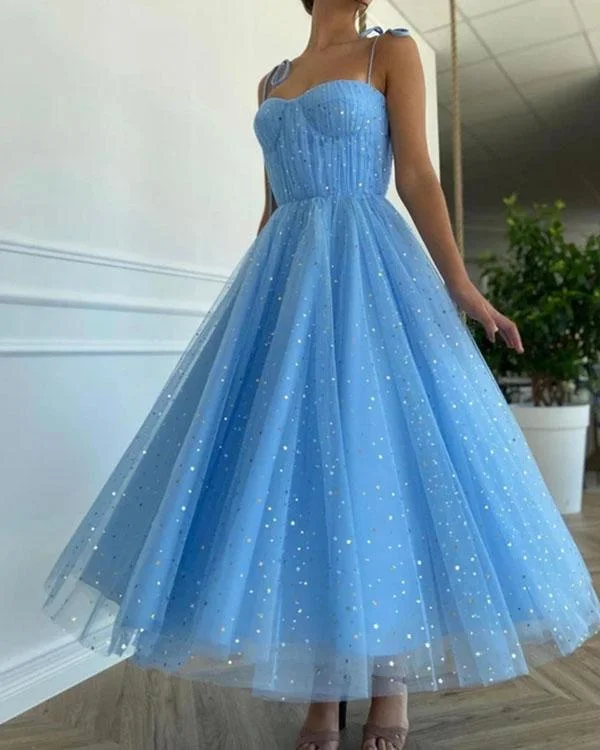 Baby Blue Spaghetti Strap Lace up Sequins Tulle Elegant Dress