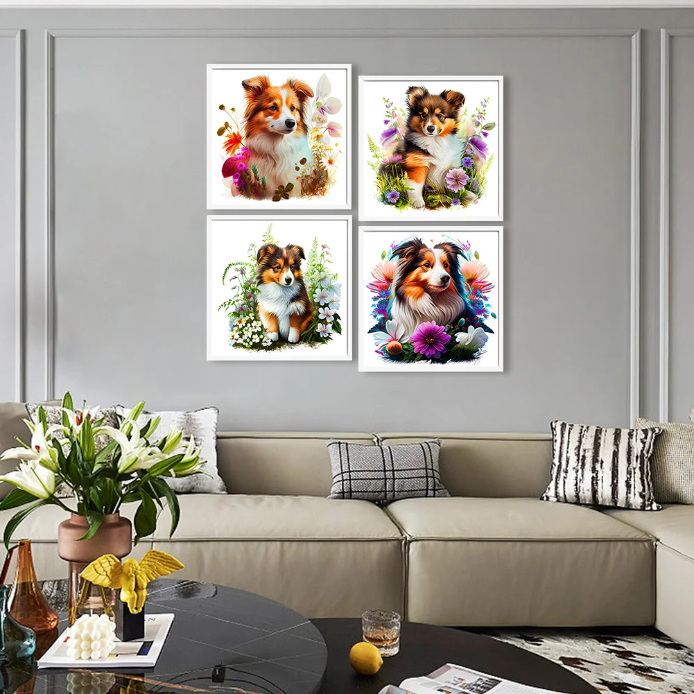 4pcs/Set Diamond Painting - Full Round Drill - Flower Dog(Canvas|30*30cm)