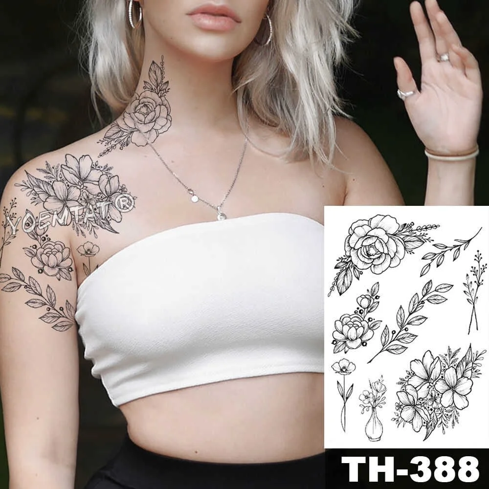 Minimalist Line Rose Temporary Waterproof Tattoo Stickers Women Body Chest Art Tatto Girl Waist Bracelet Flash Tatoo Flower
