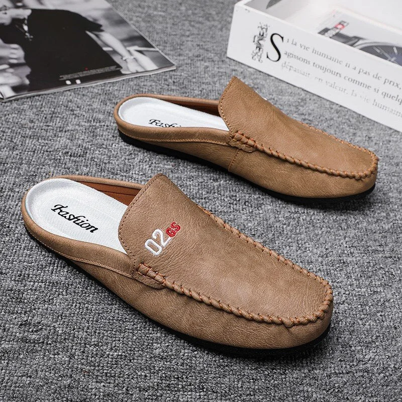 Half Shoes for Men Summer Backless Loafers Men Flats Mules Man Slip on Leather Slides Summer Mens Driving Shoes Casual Slipper