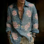 Men's Elegant Pink Floral Casual Collarless Shirt - Image 2