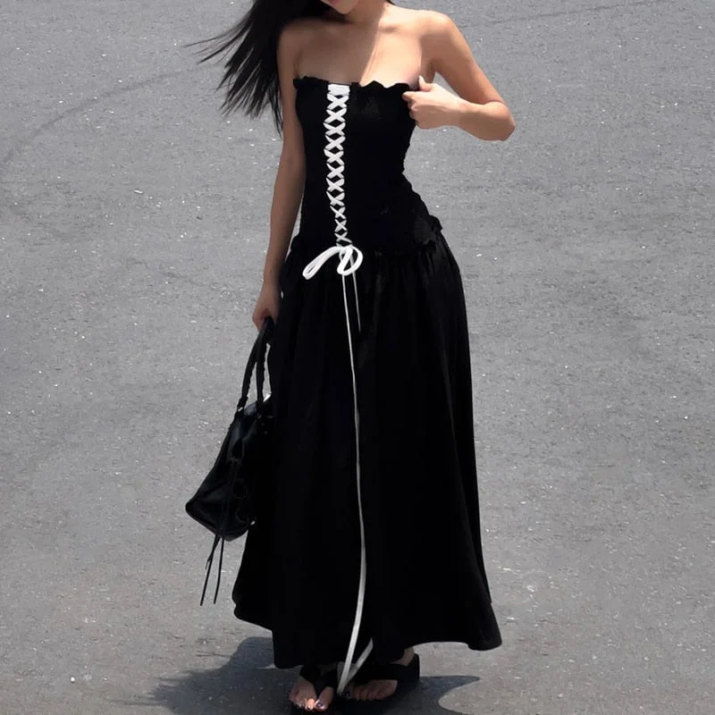 Toloer Black Tube Ruched Lace Up Maxi Dress-Outfit Ideas
