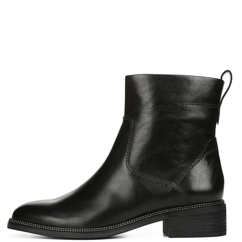 TAAFO Black Med Chunky Heels Metal Trim Ankle Boots Woman Round Toe Zipper Booties Ladies Concise Shoes