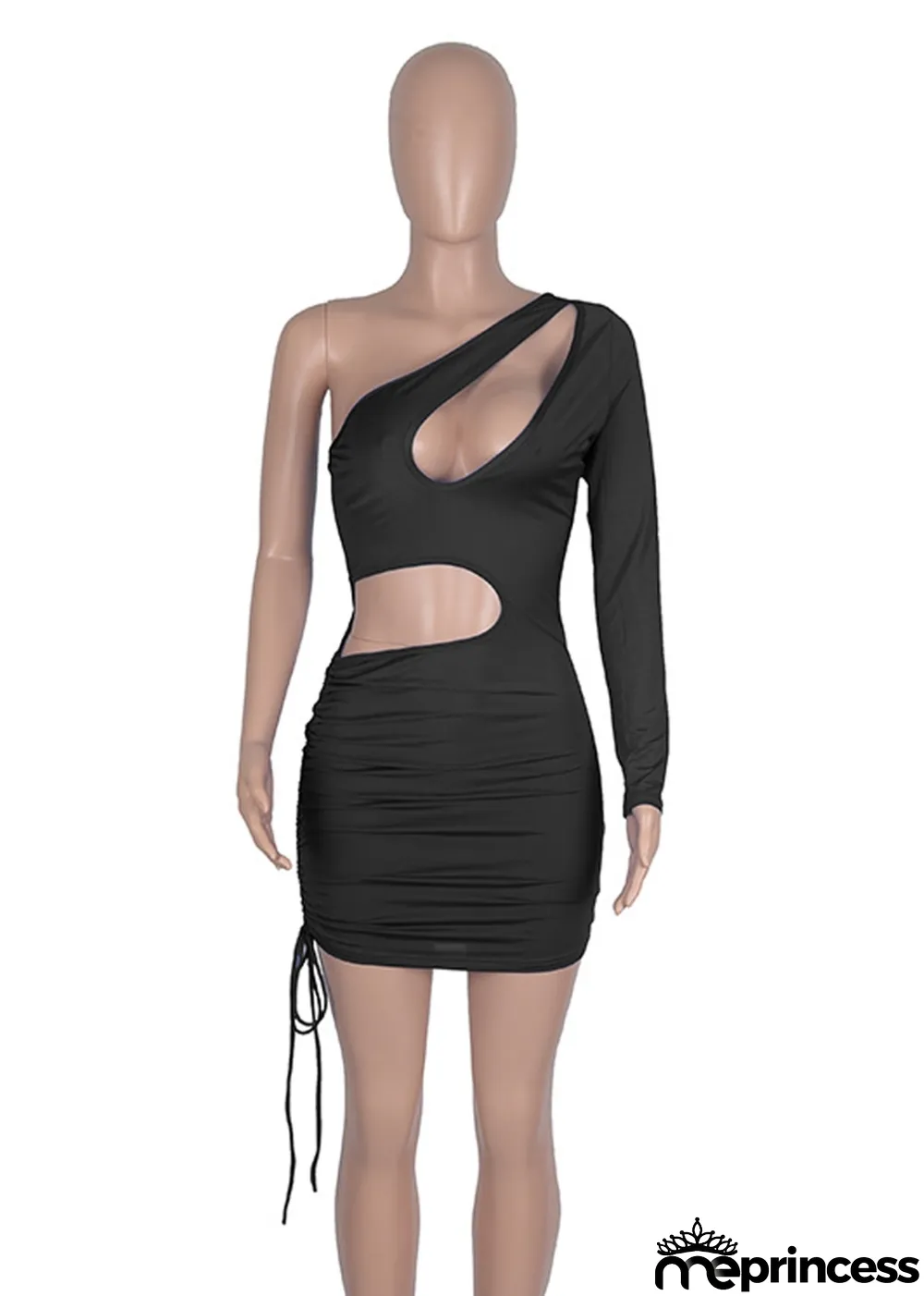 Summer Solid One Shoulder Cut Out Sexy Strings Bodycon Dress
