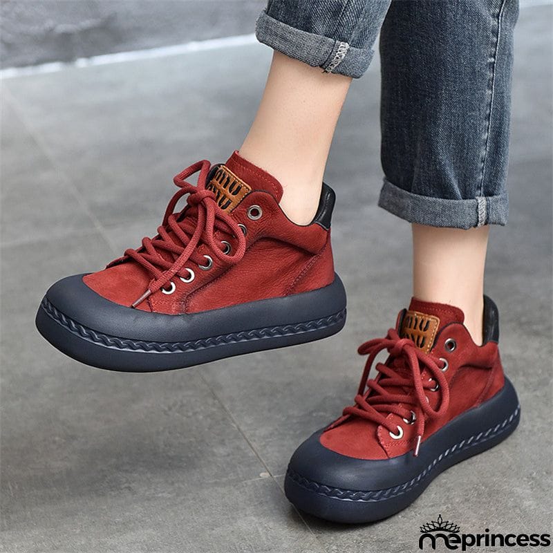 Genuine Leather Retro High Top Thick-soled  Lady Shoes