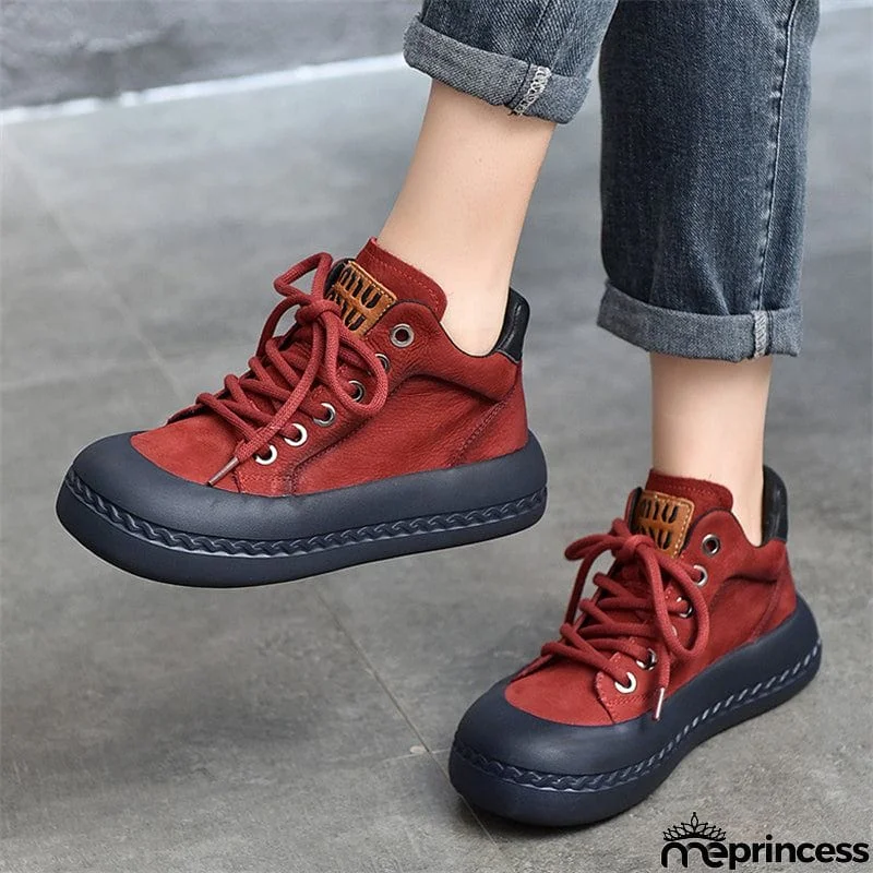 Genuine Leather Retro High Top Thick-soled  Lady Shoes