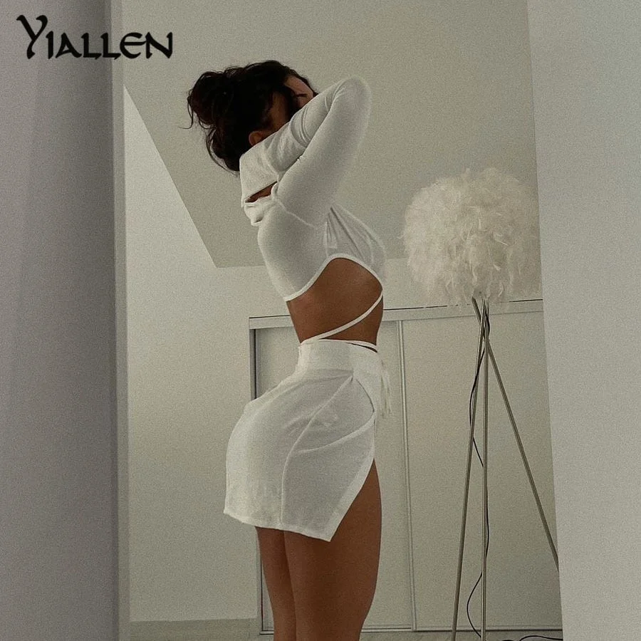 Yiallen Fashion Bandage Two Piece Set Women Skirt Criss Cross Ribbons Shirt Long Sleeve Polo-Neck Top+Loose Side Slit Outit