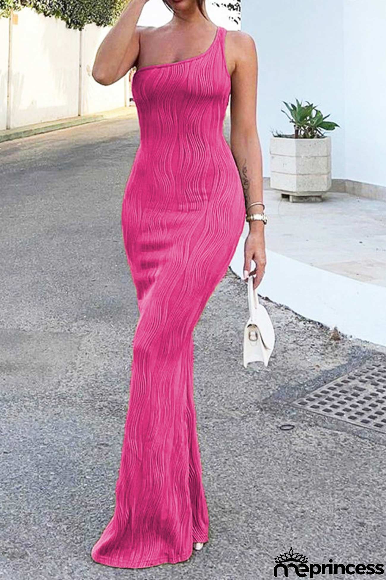 Rose One Shoulder Wave Texture Maxi Dress
