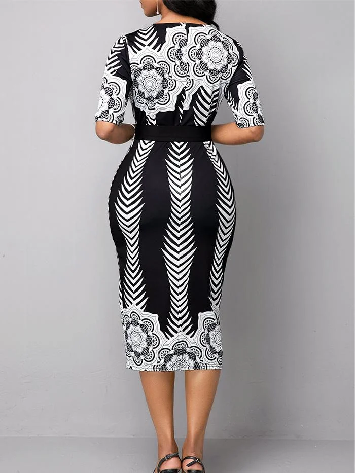 Round Neck Printed Waistband Lace-up Hip One-step Dress