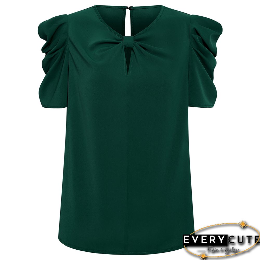 Green Twist Keyhole Puff Short Sleeve Tops