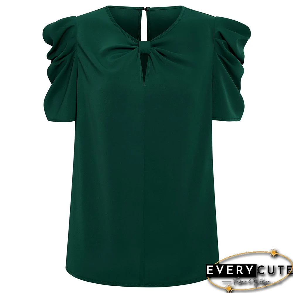 Green Twist Keyhole Puff Short Sleeve Tops