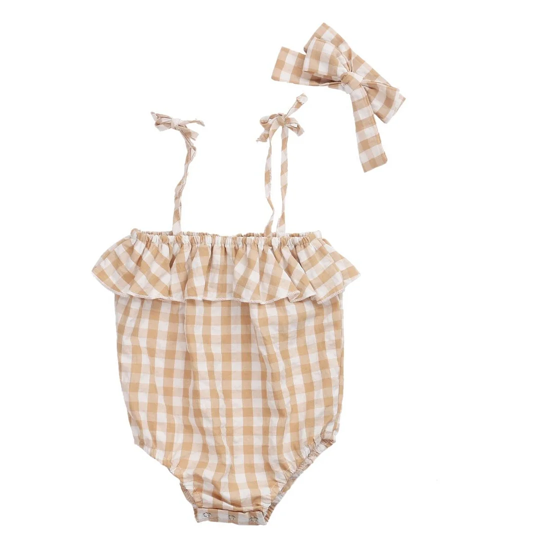 Baby Girls Romper Sleeveless Plaid Pattern Sling Straps Lotus Leaf Design Button Closure Jumpsuit with Bow Hair Band