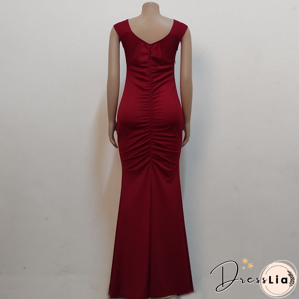 Low Cut Slash Neck Ruched Split Maxi Cocktail Dresses