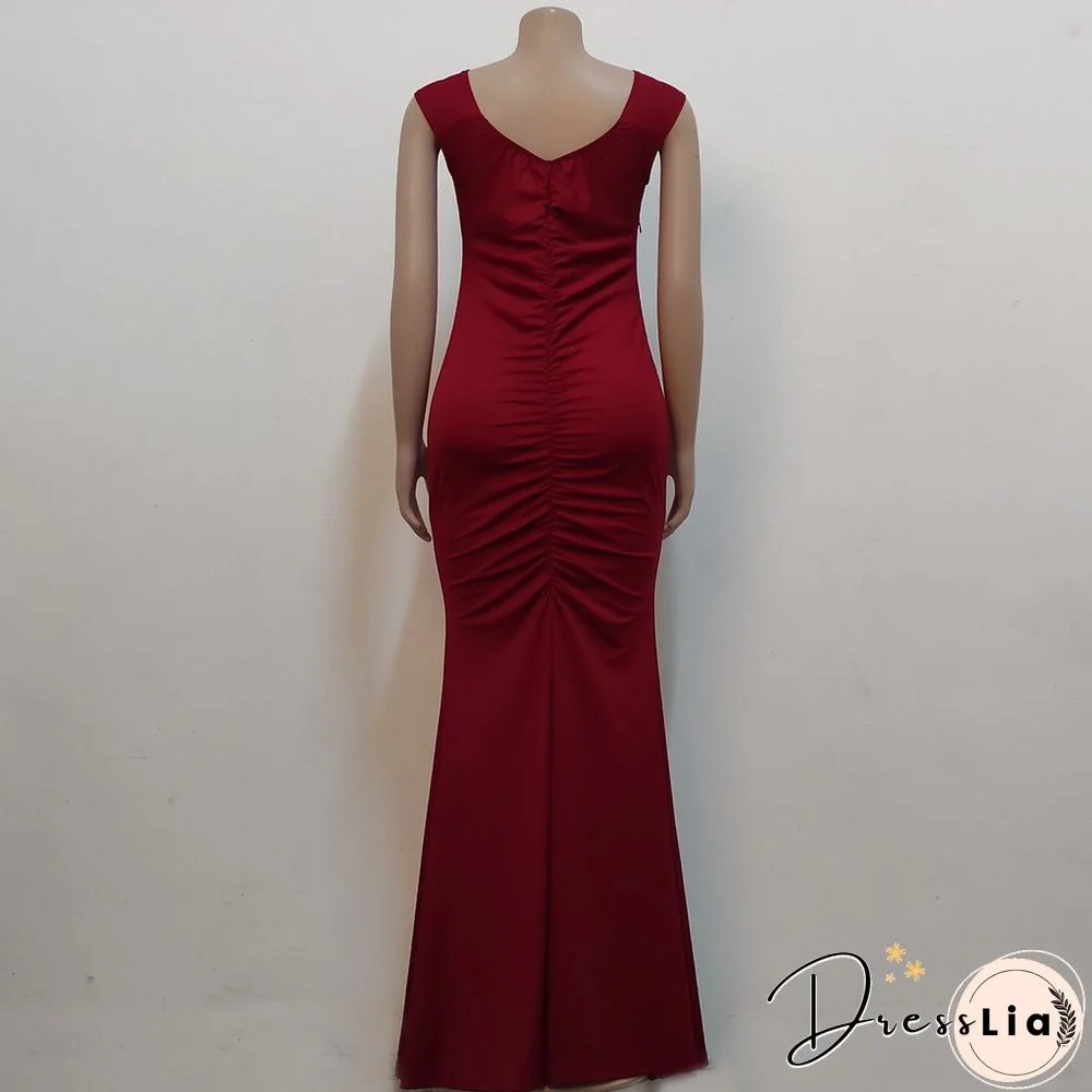 Low Cut Slash Neck Ruched Split Maxi Cocktail Dresses