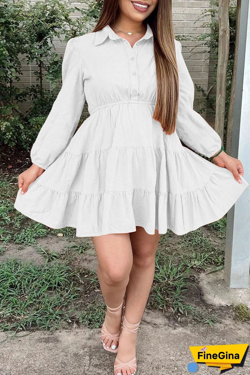 White Casual Solid Patchwork Buckle Fold Turndown Collar A Line Dresses