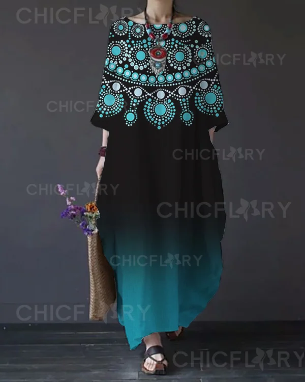 Vintage Gradient Print Loose Crewneck Maxi Dress