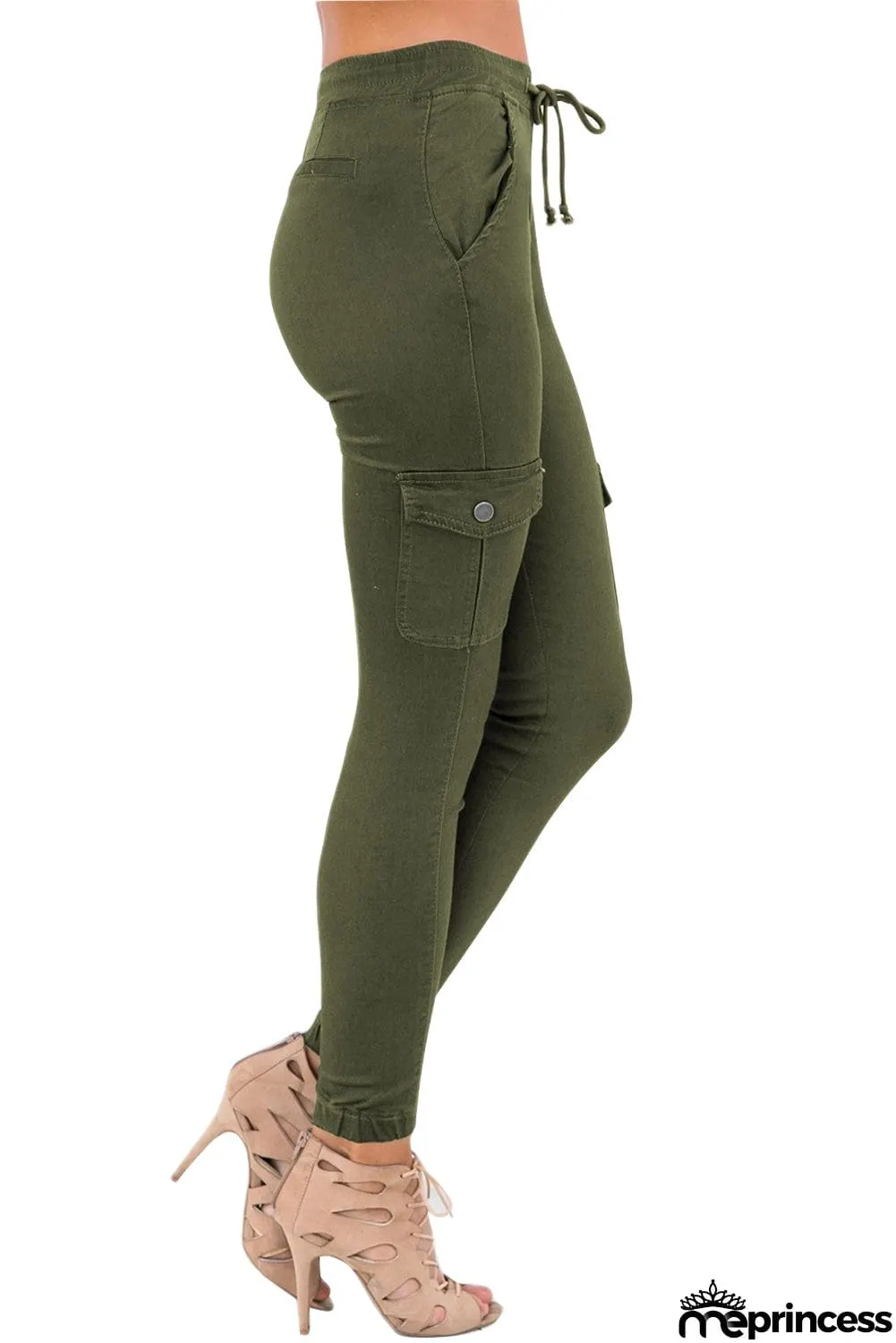 Army Green Drawstring Ankle Pocket Denim Jeans