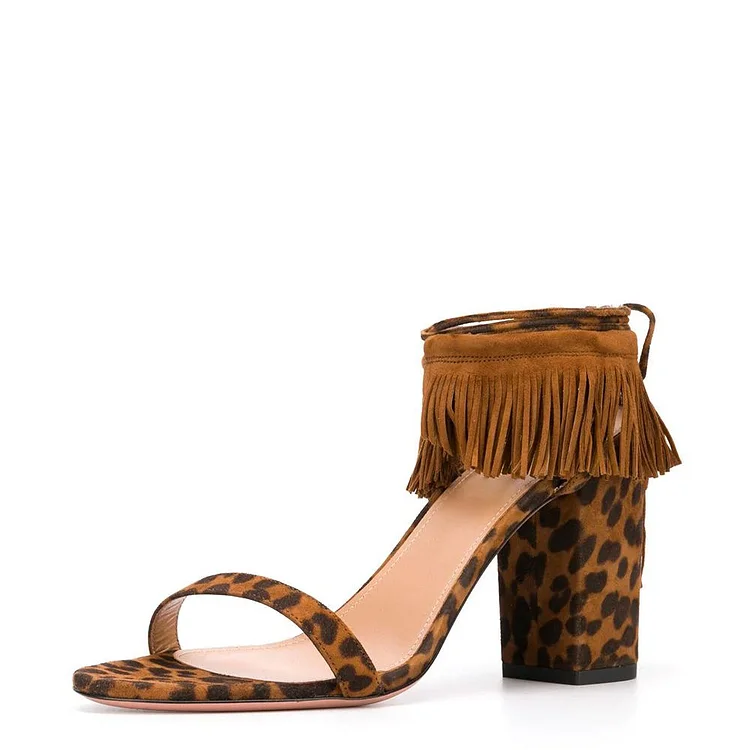 Leopard Print Heels Vegan Suede Fringe Fringe Block Heel Sandals |FSJ Shoes