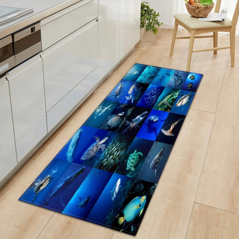 3D Ocean World Fish Carpet Kitchen Mat Entrance Doormat Bedroom Home Floor Decoration Living Room Carpet Bathroom Anti-slip Rug