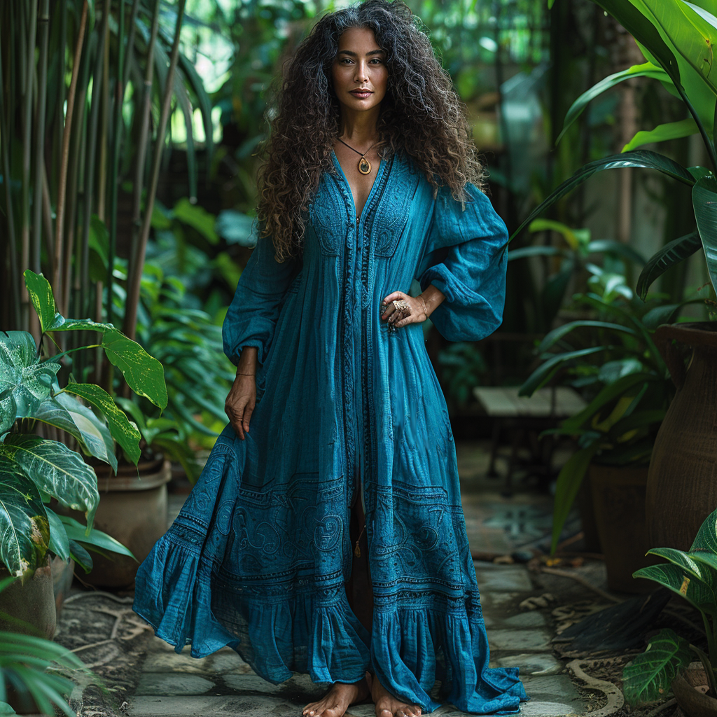 Women's Linen Retro Ethnic Style Oversized Comfortable Breathable Dress Holiday Comfortable Casual Long Shirt Dress