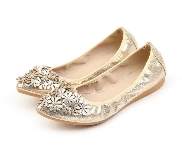 Crystal Ballet Floral Flat Shoes Rhinestone Women Flower Pointed Toe Golden Shoes Loafers | EGEMISS