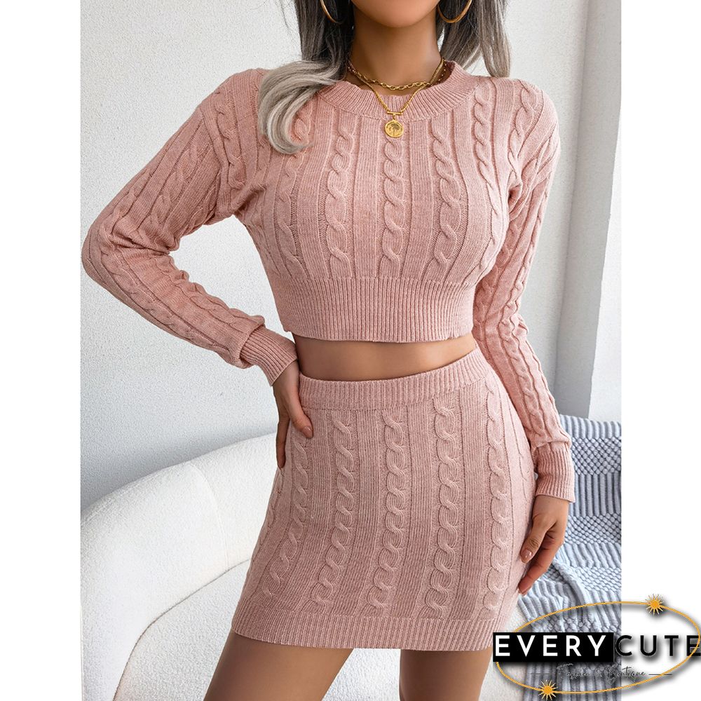 Pink Cable Knit Crop Sweater and Skirt Set