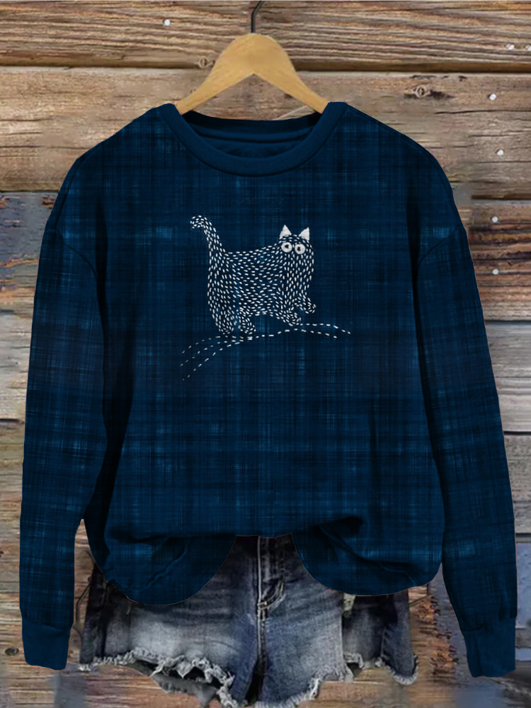 Comstylish Cute Sashiko Cat Japanese Art Cozy Sweatshirt