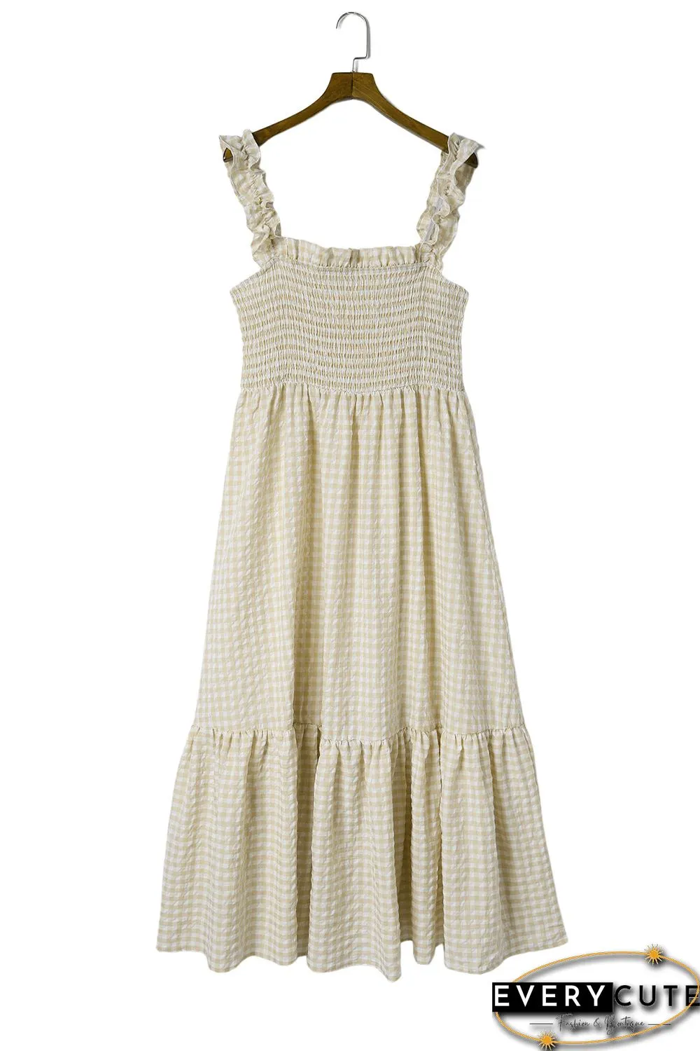 Khaki Plaid Ruffled Sleeve Smocked Maxi Dress