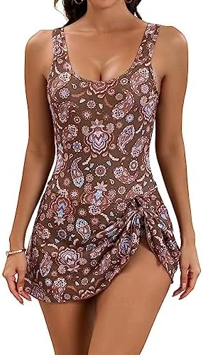 Women's Floral One Piece Swimdress Tummy Control Swimsuit 
