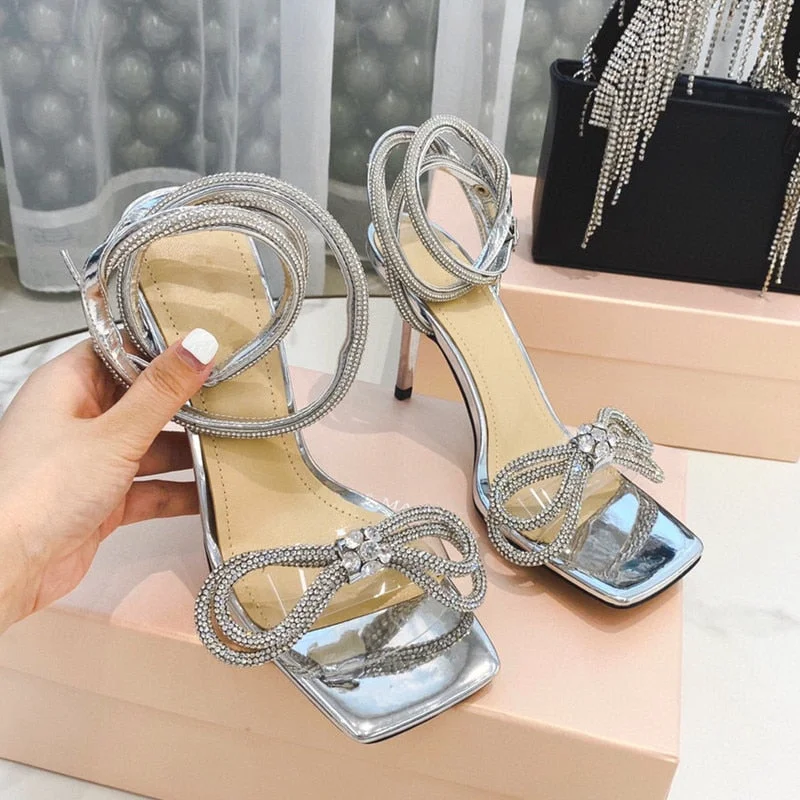 Comemore Rhinestone Women Sandals Luxury Rhinestones Bowknot Summer Wedding Shoes High Heels Silver Sandal Party Prom Shoes 2022