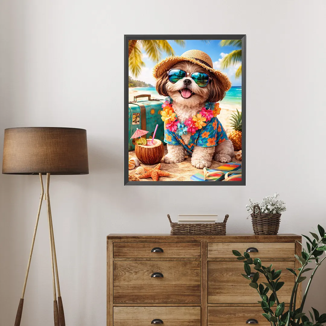 Beach Vacation Puppy 5D DIY Full Square Drill Diamond Painting Kits for Adults Beginners Home Decor Diamonds Dots Gem Art Kits Diamonds Paintings Gem Art 17.72x21.65inch