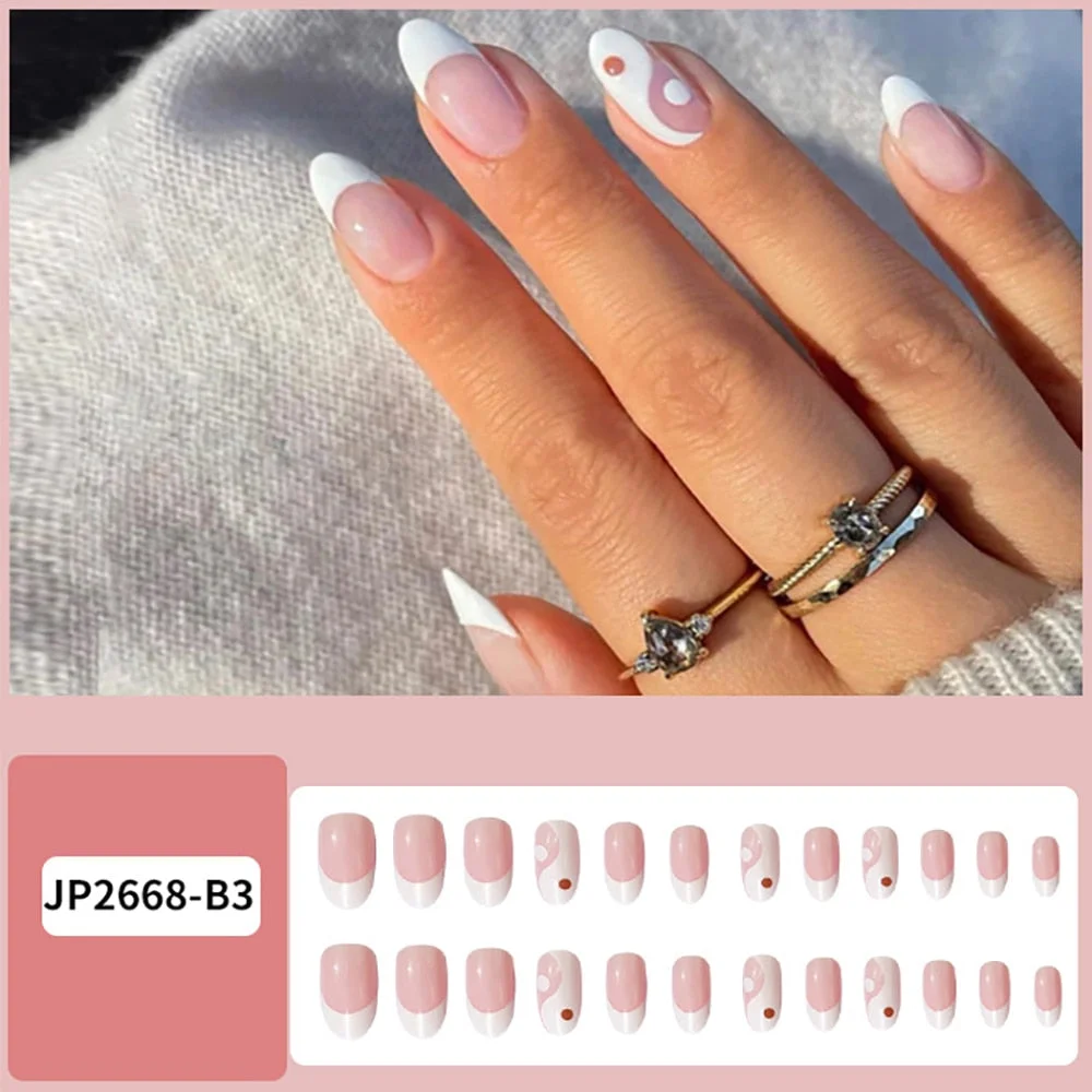 24pcs Point Head False Nails Tips Press On Nail with Heart Print Design Girl DIY Nail Patch Removable French Style Fake Nails-Nail Inspo